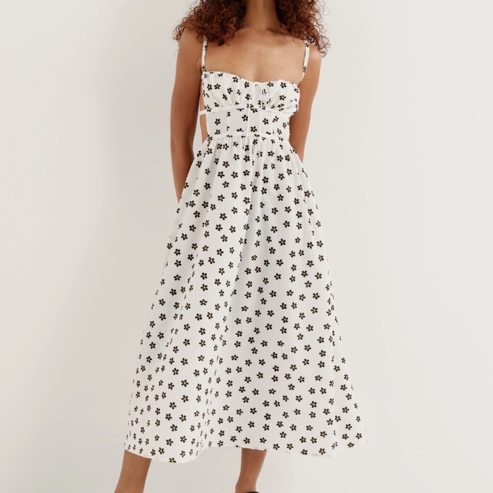 For Love & Lemons White Midi Dress with Black Floral Print